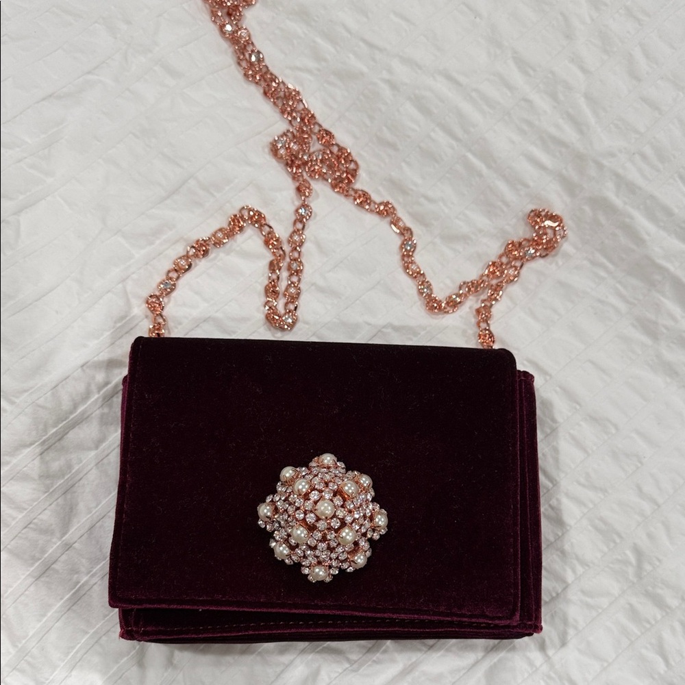 Ted Baker Velvet Pearl-Embellished Crossbody Bag in Deep Burgundy